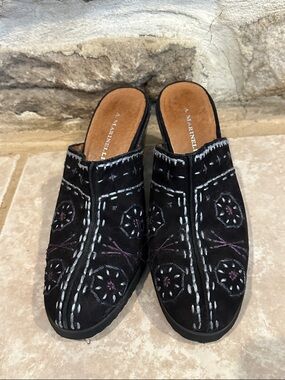 A. Marinelli Black Embroidered Suede Mule Heels with purple and gray Stitching